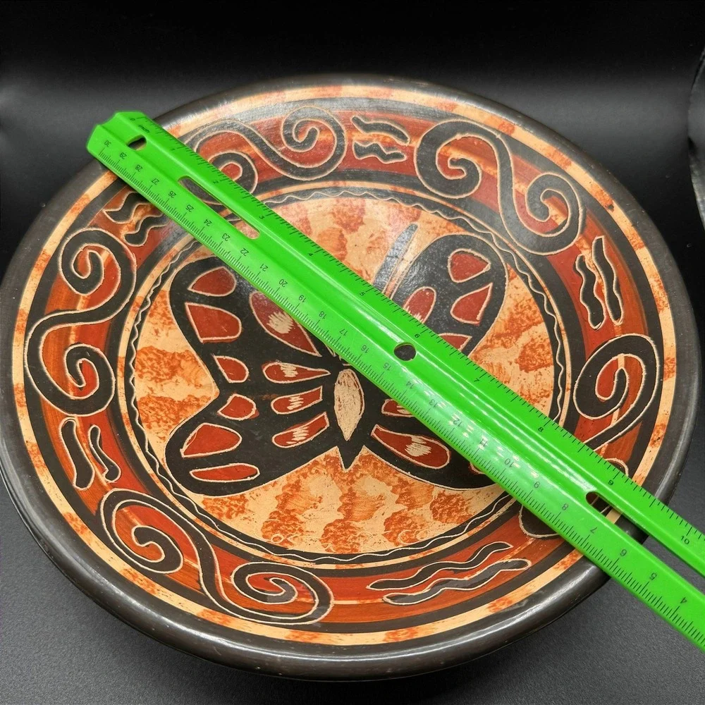 Hand Painted Tripod Bowl Butterfly Folk Art Terracotta Mexican Pottery Boho Vtg.